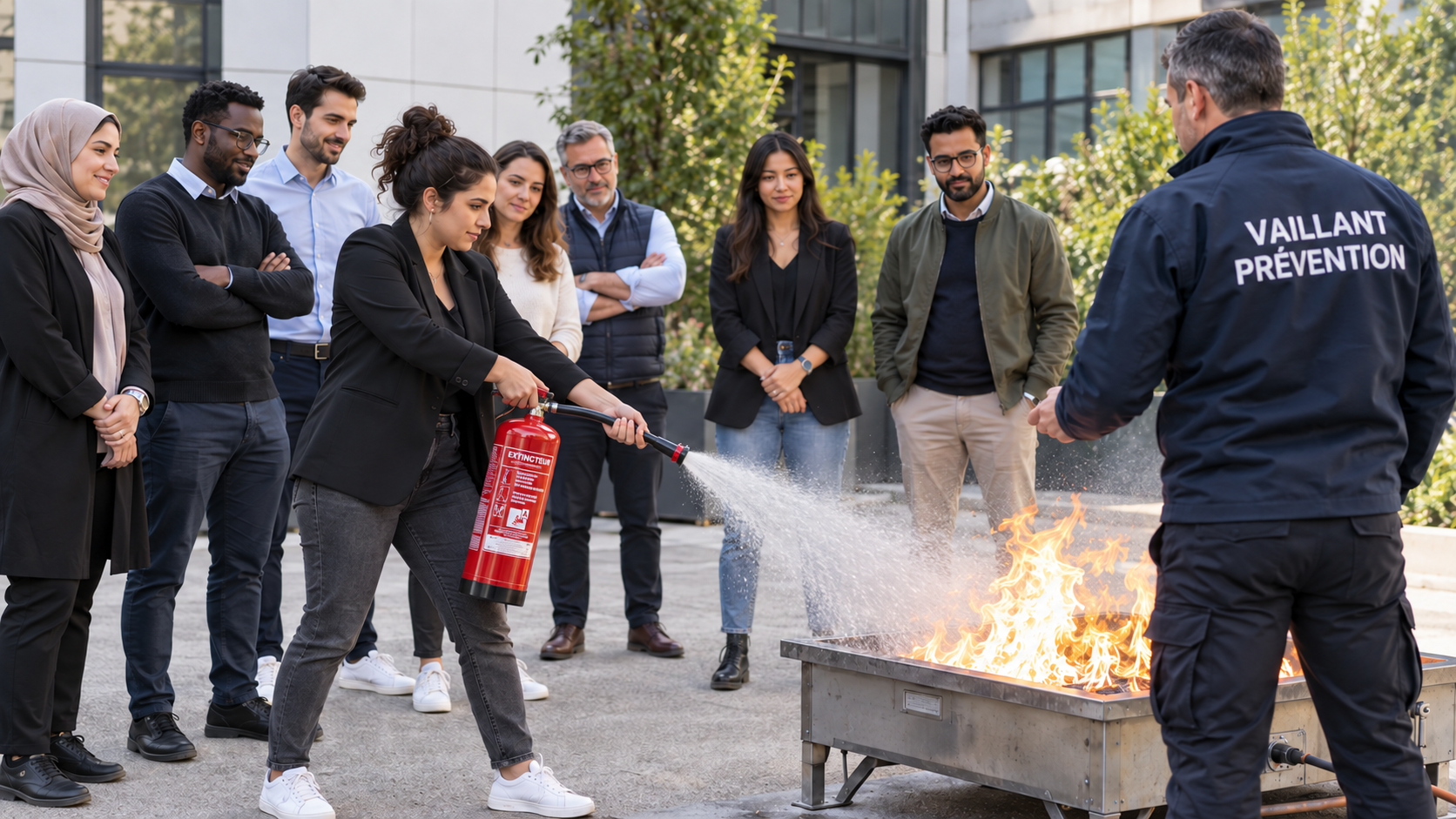 Attaque d’un feu avec un extincteur à eau pulvérisée